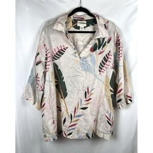 Cynthia Rowley 100% Linen 3/4 Sleeve Tropical Leaf Pattern Shirt 2X Boho Resort